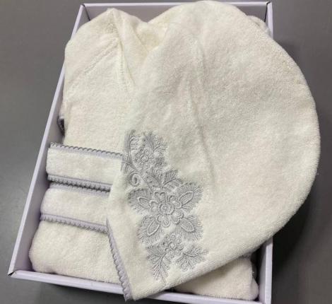 Халат женский махровый с капюшоном Maison D'or "VIGNETTA" (кремовый/серый), XL(50)-XXL(52)