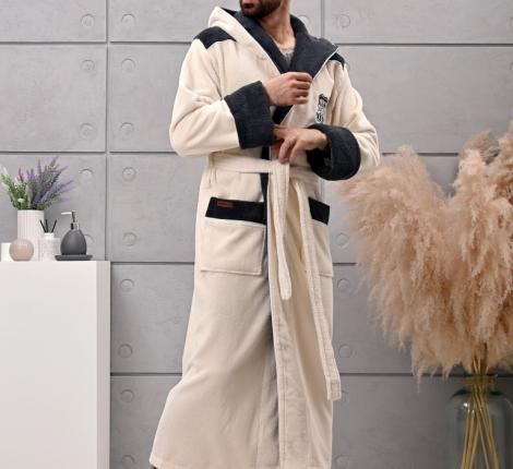 Халат мужской трига с капюшоном "AMBIELLA A-1130" кремовый, L/XL