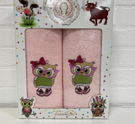 Набор махровых полотенец "СОВА" ( 50х90+70х140), светло-розовый