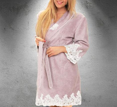 Халат махровый "Maison D'or" GLORIA(бежевый) с кружевом, XS(42)/S(44)