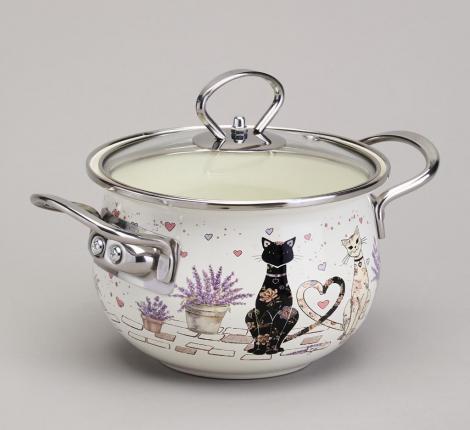 Кастрюля эмалированная со стеклянной крышкой "LAVANDER CATS", 1,5 л