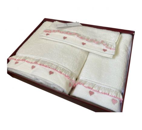 Комплект махровых полотенец 30x50-50x100-85x150 Maison D'or "RUFFLE LOVE", кремовый/розовый