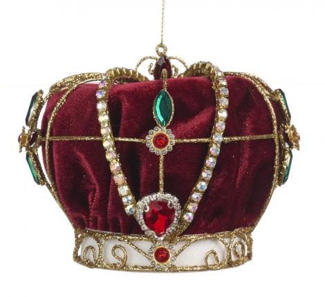 Ёлочная игрушка вельветовая "КОРОНА" бургунди с золотом, длина 11,5 см