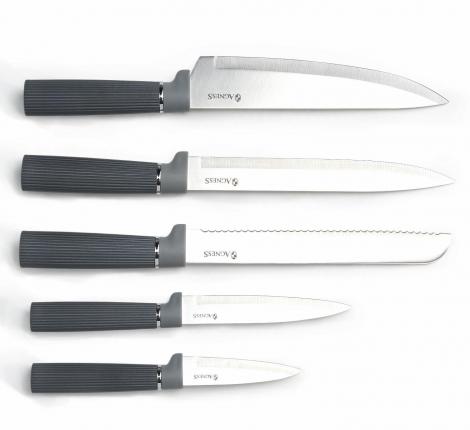 Набор кухонных ножей (5 шт.), 4 доски и подставка "AGNESS", чёрно-серый