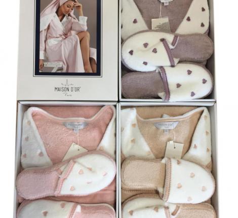 Халат женский махровый с тапочками Maison D'or "LAVOINE LONG HEARTS" (фиолетовый), XS(42)-S(44)