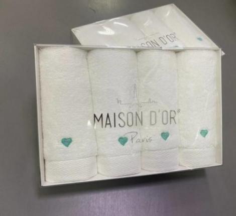 Салфетки махровые с вышивкой Maison D'or "SOFT HEARTS" 30х50-4шт., белый/бирюзовый