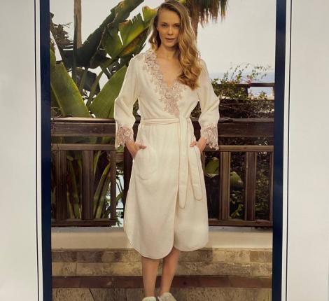 Халат женский махровый с тапочками Maison D'or "CORALIE" (кремовый/бежевый), M(46)/L(48)