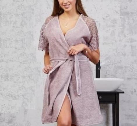 Халат женский махровый с кружевом Maison D'or "JOSEPHINE" (фиолетовый), XS(42)-S(44)