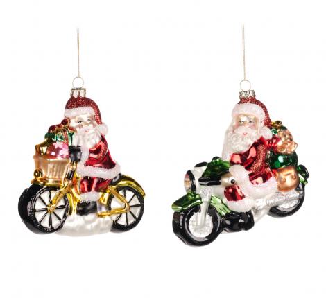 Елочная игрушка стеклянная 2 шт. "САНТА КЛАУСЫ" на мотоциклах, длина 11,5 см