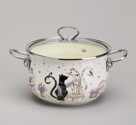 Кастрюля эмалированная со стеклянной крышкой "LAVANDER CATS", 3,8 л