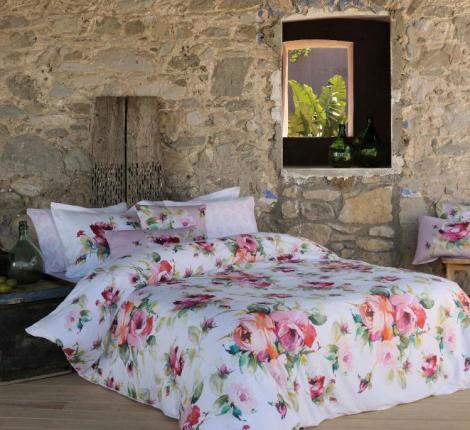 Постельное белье "TAC" Premium DIGITAL Leslie сатин DELUX Евро, белый-красный