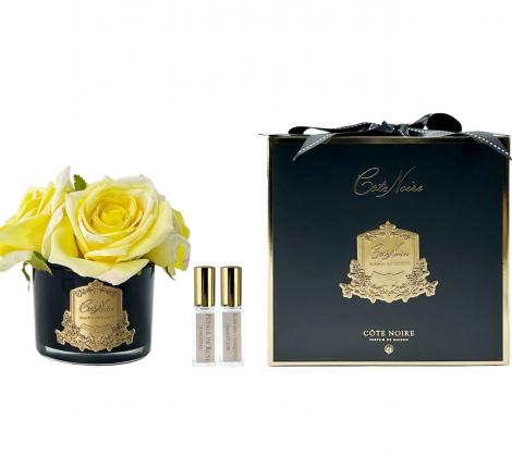 Букет ароматизированный из 5 роз "COTE NOIRE" (желтый) черная ваза, 2 спрея по 5 мл