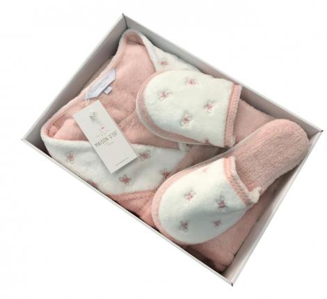 Халат женский махровый с тапочками Maison D'or "LAVOINE LONG BUTTEFLY" (пыльная роза), XS(42)-S(44)