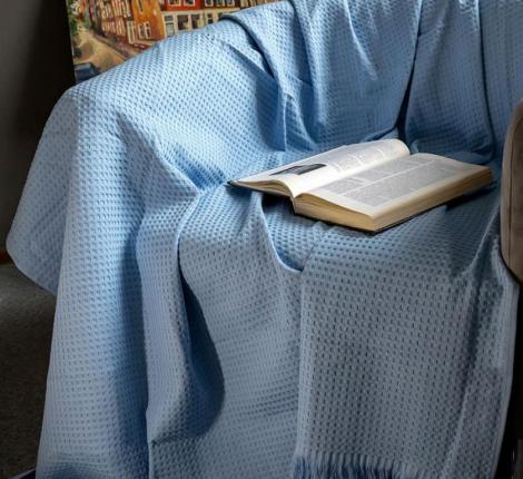 Покрывало вафельное с бахромой  Valtery 200х220, голубой