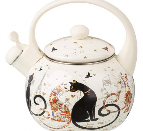 Чайник эмалированный со свистком "ПАРИЖСКИЕ КОТЫ", 2,2 л
