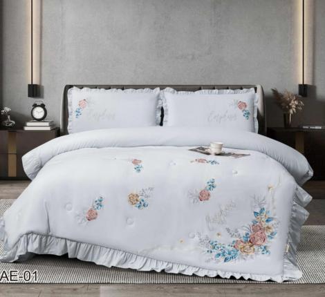 Постельное бельё EFOR COTTONI с вышивкой "цветная роза" светло-серый, Евро