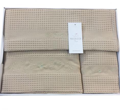 Комплект вафельных полотенец со стразами 40x60-60x110-110x160 Maison D'or &quot;BRISE APE&quot;, бежевый