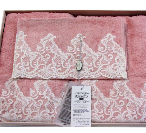 Комплект полотенец с кружевом 30x50-50x100-90x150 Maison D'or &quot;JASMIN&quot;, грязно-розовый
