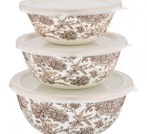 Набор эмалированных мисок 3 шт. с крышкой "ROYAL GARDEN", 6 предметов