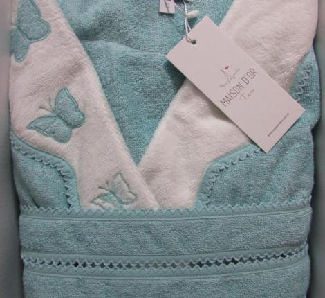 Халат женский махровый с тапочками Maison D'or "MONIQUE KELEBEK" (бирюзовый), XL(50)-XXL(52)