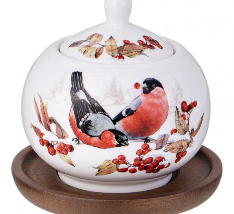 Сахарница на деревянной подставке "ЛЕСНАЯ СКАЗКА" СНЕГИРИ, 380 мл