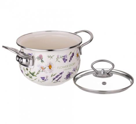 Кастрюля эмалированная со стеклянной крышкой "FLOWER STORY", 2,0 л