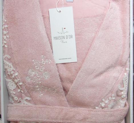 Халат женский махровый с кружевом Maison D'or "NERIA" (пыльная роза), XL(50)-XXL(52)