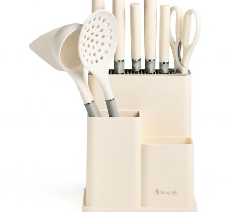 Набор кухонных ножей (5 шт.) и приборов "AGNESS", 11 предметов (белый/серый)