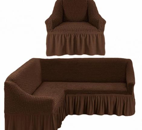 Комплект чехлов для мягкой мебели "KARTEKS" на угловой диван с полочкой (левый) и креслом, 201 Шоколадный