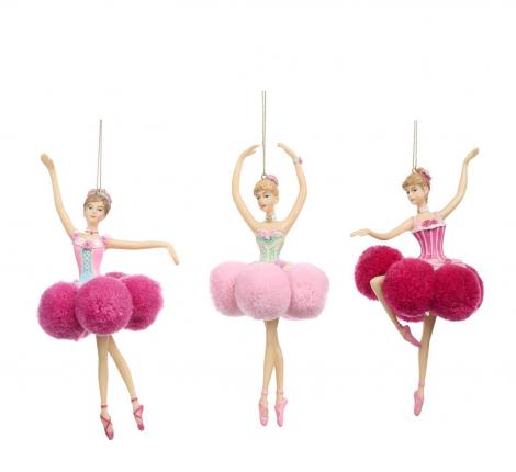 Ёлочная игрушка 3 шт. "БАЛЕРИНА" с помпонами (розовый с голубым), высота 18 см