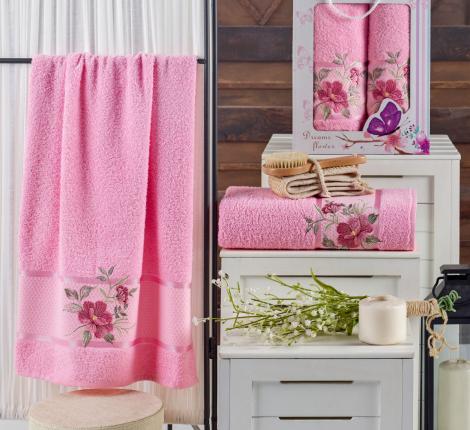 Комплект махровых полотенец &quot;MERZUKA&quot; (50x90/1)(70х140/1) 2 шт. DREAMS FLOWER, розовый