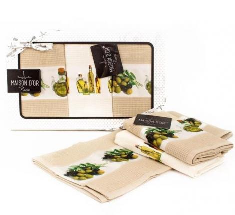 Комплект кухонных полотенец Maison D'or "OLIVE" 45х70-3шт, оливковый2/крем1