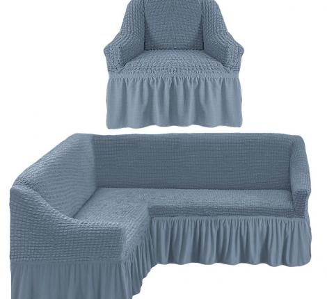 Комплект чехлов для мягкой мебели "KARTEKS" на угловой диван с полочкой (левый) и креслом, 216 Серый