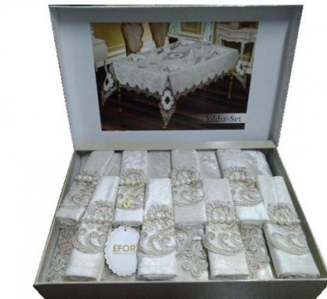 Скатерть EFOR "YILDIZ" 160x220 с 8 салфетками, кремовый