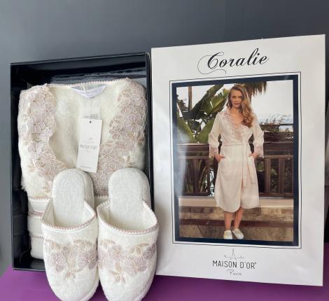 Халат женский махровый с тапочками Maison D'or "CORALIE" (кремовый/бежевый), XL(50)-XXL(52)