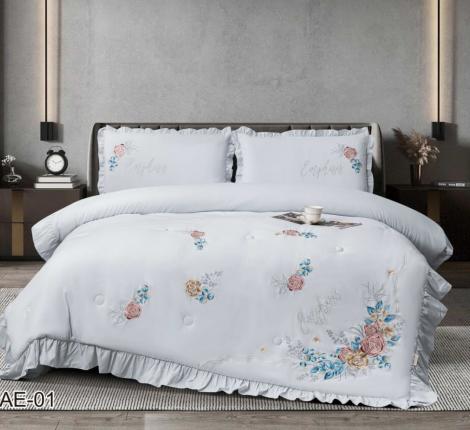 Постельное бельё с одеялом EFOR "COTTONI AD-02" с вышивкой "листья на ветке", Евро