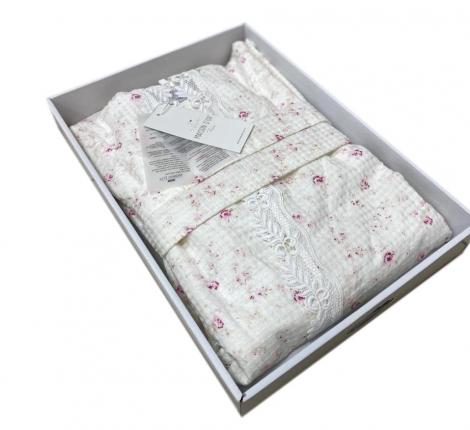 Халат женский вафельный с капюшоном Maison D'or "ROSES ESTEE" (кремовый/розовый), XL(50)-XXL(52)