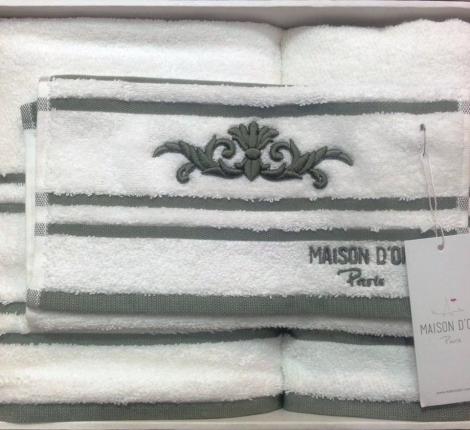 Комплект полотенец с вышивкой 30x50-50x100-70x140 Maison D'or &quot;BARON&quot;, белый-зелёный