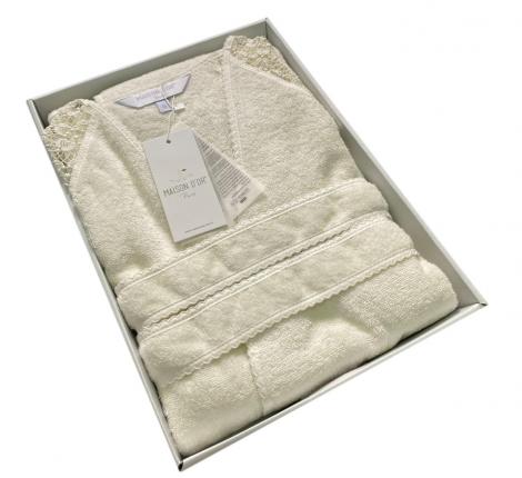 Халат женский махровый с кружевом Maison D'or "JOSEPHINE" (кремовый), XL(50)-XXL(52)