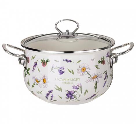 Кастрюля эмалированная со стеклянной крышкой "FLOWER STORY", 3,8 л