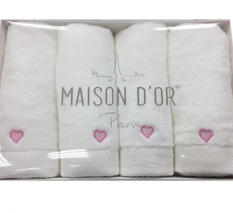 Салфетки махровые с вышивкой Maison D'or "SOFT HEARTS" 30х50-4шт., белый/розовый