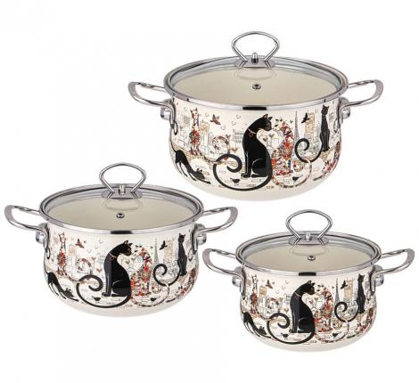 Набор эмалированных кастрюль с крышкой "ПАРИЖСКИЕ КОТЫ", 6 предметов
