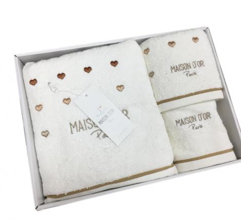 Комплект полотенец с вышивкой 30x50-50x100-70x140 Maison D'or &quot;CANDY LOVE&quot;, крем-бежевый