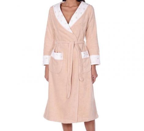 Халат женский махровый с тапочками Maison D'or "LAVOINE LONG HEARTS" (пудра), M(46)/L(48)