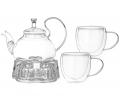 Чайник заварочный на подставке для подогрева "AGNESS" 887-260, 600 мл и 2 кружки 250 мл