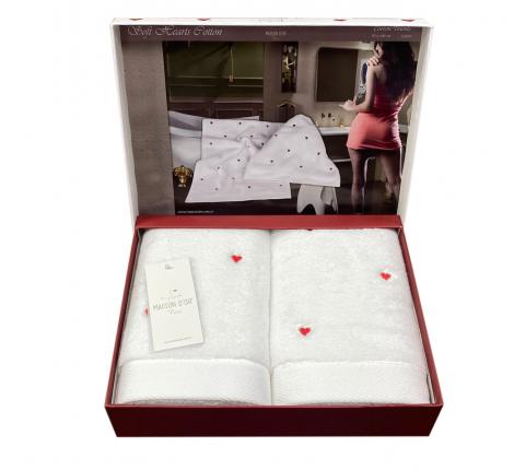 Комплект полотенец 50x100-2шт. Maison D'or &quot;SOFT HEARTS&quot;, белый/красный