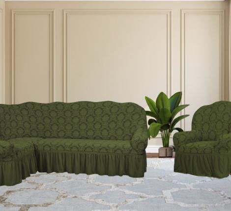 Комплект чехлов на 3-х местный угловой диван и кресло Karteks &quot;Классика&quot; с оборкой KAR 007-09, зелёный