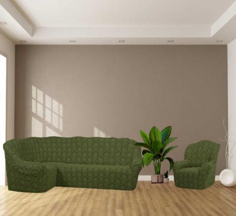 Комплект чехлов на 3-х местный угловой диван и кресло Karteks &quot;Классика&quot; KAR 007-09, зелёный