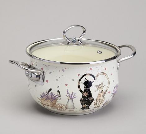 Кастрюля эмалированная со стеклянной крышкой "LAVANDER CATS", 2,8 л