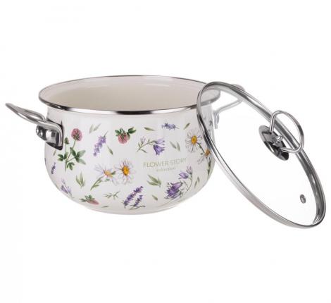 Кастрюля эмалированная со стеклянной крышкой "FLOWER STORY", 3,8 л